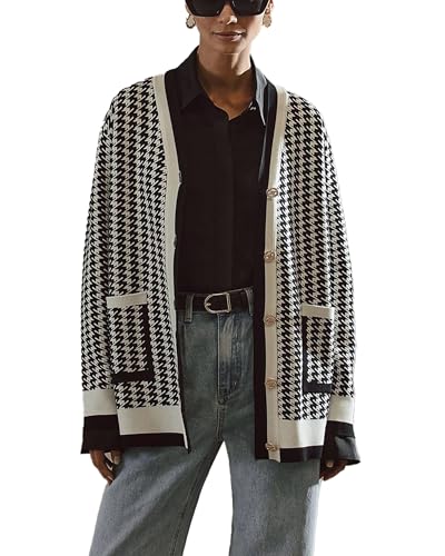 Image of Women's Houndstooth Knit Cardigan Sweater V-Neck Button-Down Jacket with Pockets