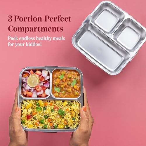 Image of TEKCOOL 5 Compartment Stainless Steel Lunch Box - Durable & BPA-Free Bento Tiffin for Kids & Adults | Leak-Resistant Multi-Section Lunch Box for School, Office & Picnic - 1120ml + 70ml, Yellow;