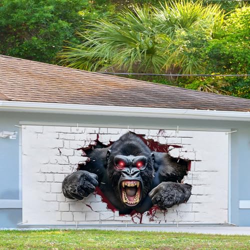 Image of 16x7ft Breaking Wall Gorilla Garage Door Banner- Smashing Brick Wall Backdrop, Large Hanging 2 cars Garage Decorations - for Halloween & Birthday Party Funny Novelty Background Sign, Man Cave Decor