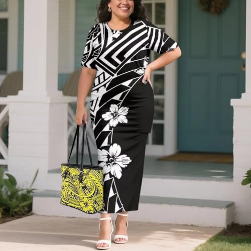 Image of Puletasi Samoan Traditional 2 Piece Outfits for Women Short Sleeve Crop Top and Maxi Skirt Sets Puletasi Dress