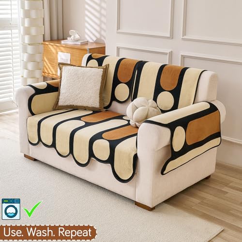 Image of HOKIPO 'Moderna Curves' Complete Sofa Cover Set (Seat+Back+Arm) for 2 Seater Sofa | All Season Sofa Cover Mat with Anti Slip Backing, Oyster Beige (AR-6123+AR-6120 * 2+AR-6309 * 2)