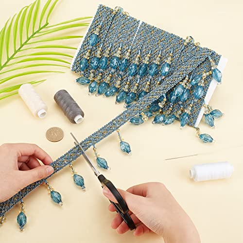 Benecreat 3.28 Yards Beading Fringe Trimming, Steel Blue Polyester Ribbon With Plastic Beads For Curtain Home Decoration, 0.5Inch Thick #TOP2