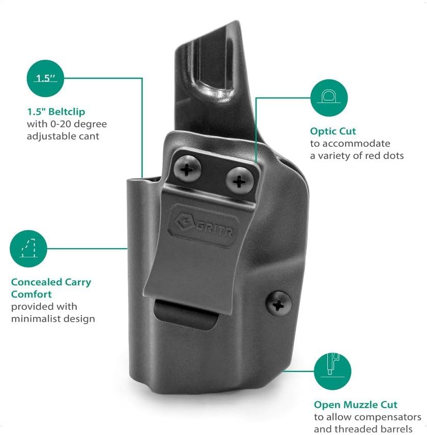 GRITR IWB Kydex Right/Left Hand Gun Holster Compatible with Smith & Wesson M&P Shield EZ 9/380 with 1.5" Belt Clip, Open Bottom, Optic Cut, Adjustable Retention