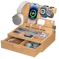 Pezin & Hulin Wood Nightstand Organizer Tray, Bamboo Phone Docking Station with Drawer, Bedside Valet Tray for Multi-Device, Ideal for Husband Him Boyfriend Graduation Christmas (Natural)