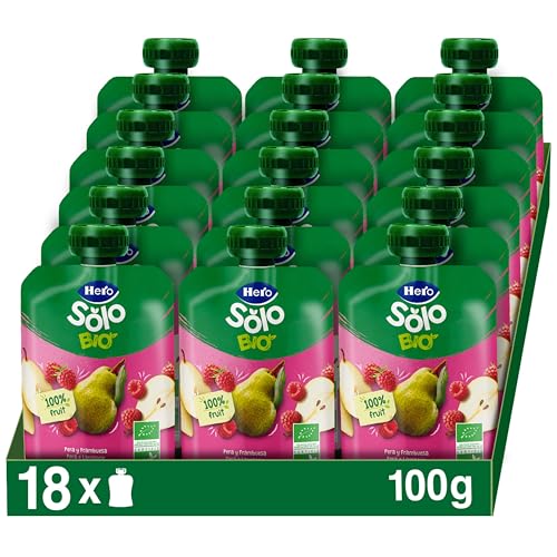 Hero Solo - Bolsita Ecológica de Fruta con Pera y Frambuesa, Sin Conservantes, Colorantes, Aditivos, Aceite de Palma, Gluten ni Azúcar Añadido, 100gx18uds