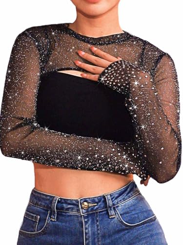 Asooll Women's Black Bolero Glitter Mesh Shrugs