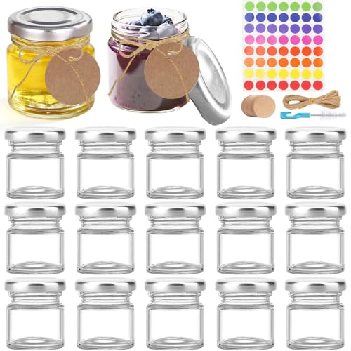 Mssushi 15 Tarros Pequeños De Cristal,Botes Cristal Pequeños,50ml Mini Botella De Vidrio Con Etiquetas Y Cuerda, Cepillo De Limpieza,Pegatina,Para Regalos De Boda,Especias,Hierbas,Mermeladas