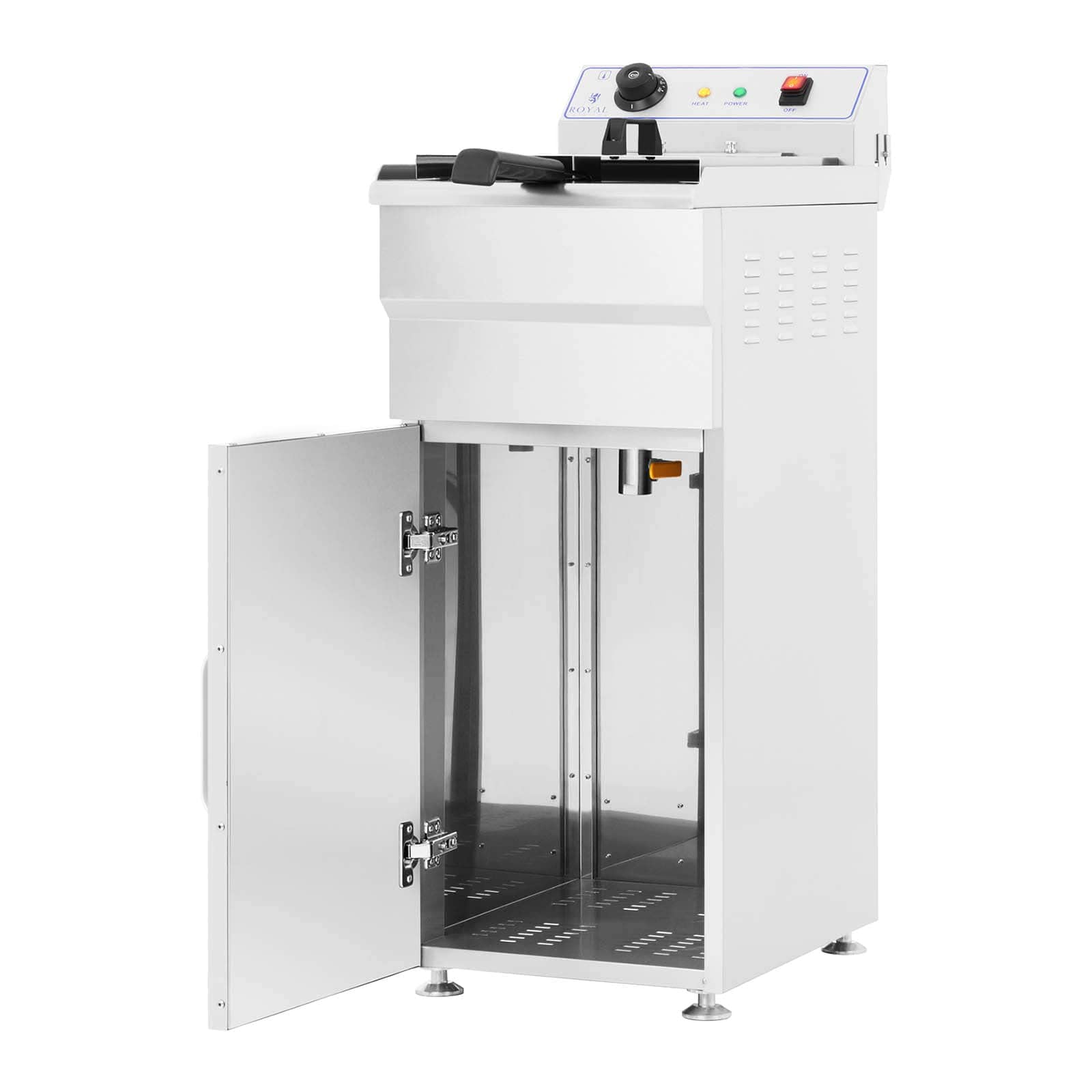 Royal Catering Friteuse avec meuble (16 L, 6000 W, 400 V, 60 – 200 °C, 34 x 53 x 94 cm, acier inoxydable, panier et couvercle)