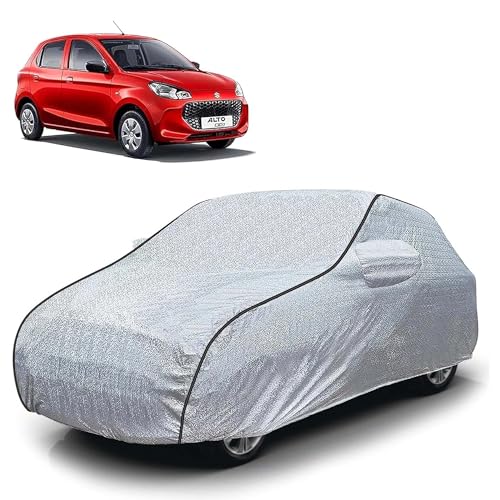 Image of Sulfar 100% Waterproof Car Body Cover Compatible with Mirror for Maruti Suzuki Alto K10 (Triple Stitched, Full Bottom Elastic, Magic Silver with Black Piping)