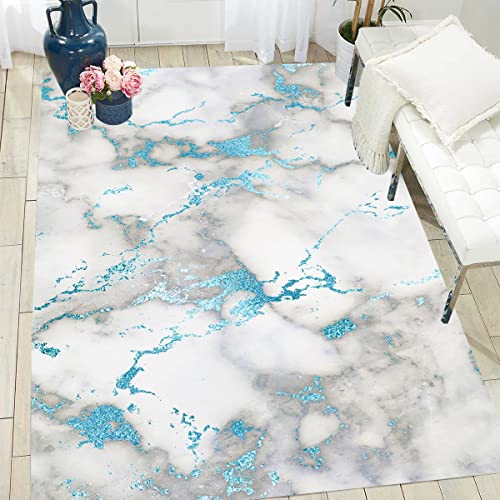 Grey Blue Marble Area Rug 7x12 Modern Abstract Agate Living