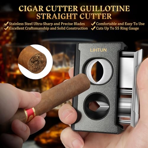 LIHTUN Cigar Cutter Guillotine 4 in 1 One Touch Straight Cut V Cutter with Cigar Punch Cigar Draw Enhancer, Stainless Steel Double Blade Cigar Clippers, Cuts Up to 60 Ring Gauge Cigars, Gift for Men