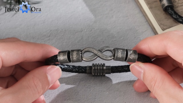 Bracciale Uomo Personalizzato Jewelora | Pelle Con Simbolo Infinito E Nome Inciso | Regalo Per Marito, Fidanzato, Anniversario