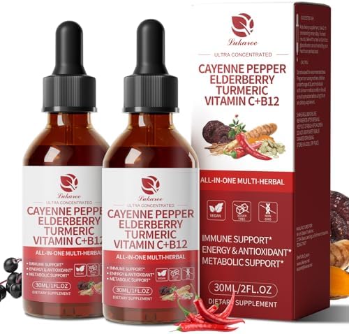 2 Pack Cayenne Pepper Drops, 8-in-1 Complex - Elderberry, Turmeric Curcumin, Astragalus, Ginseng, Vitamin C & B12, Organic Liquid Supplement, 2 FL OZ – Daily Wellness Support