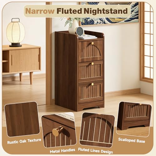 Image of 11.02 inch Narrow Nightstand Set of 2, Fluted Slim Bedside Table with 2 Drawers, Mid Century Modern Small End Table with Gold Metal Handles, for Bedroom, Living Room & Small Spaces - Walnut