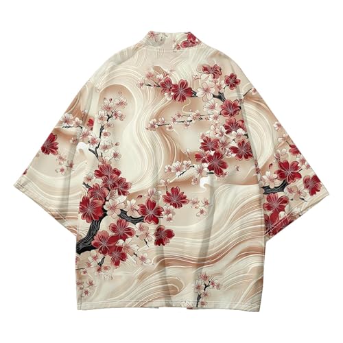 Image of DOSLAVIDA Men's Japanese Kimono Jacket Set Stylish Open Front Coat With Shorts Chinese Style Printed Cardigan Suit