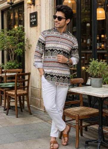 Image of Majestic Man Men's Cotton Regular Fit Short Printed Designer Kurta