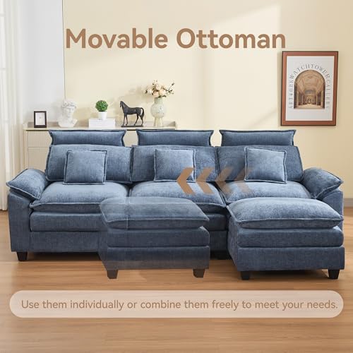 Image of 103'' Cloud Modern 3 Seater Couch with Detachable Headrest, Modular Sectional Sofa with Ottoman, Oversized L Shape Chenille Comfy Sofa with Armrests for Living Room, Blue