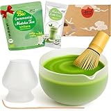 Goodwei BIO Matcha aus Japan im Matcha-Set komplett mit hochwertiger Matcha Schale aus Keramik, Matcha Besen und Besenhalter | Geschenkset für Teezeremonie (Glas Matt)