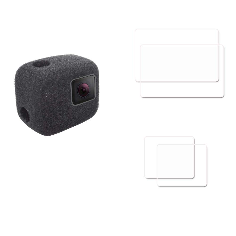 Komet WindSlayer - Custodia antivento in schiuma per parabrezza + pellicola protettiva in vetro (2 + 2 pezzi) compatibile con Hero 7, 6, 5 impermeabile fotocamera