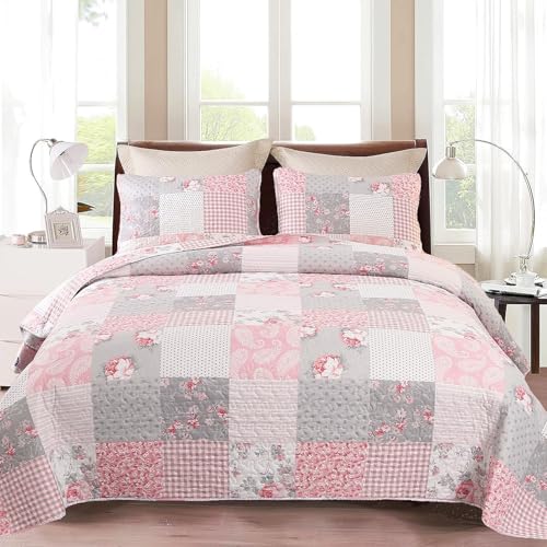 DECMAY Tagesdecke 220x240 Rosa Patchworkdecke Bettüberwurf Tagesdecke mit Blumenmuster, Überwurfdecke Bett für Doppelbett, 3-teiliges Tagesdecke...