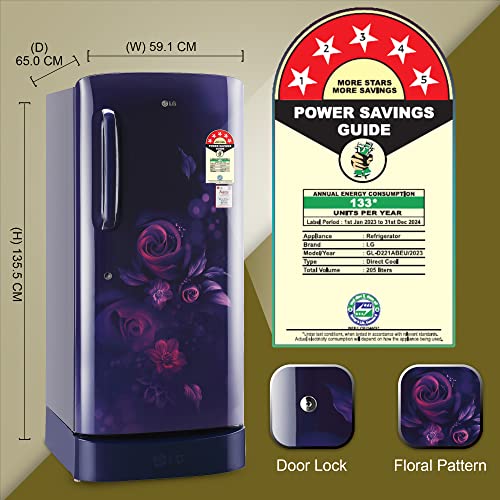Image of LG 205 L 5 Star Inverter Direct-Cool Single Door Refrigerator Appliance (GL-D221ABEU, Blue Euphoria, Base stand with drawer)