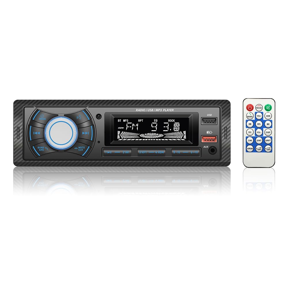 Kunfine Audio Systems Car Stereo - Single Din, Voice Control, Bluetooth, No CD DVD Player, FM Radio Receiver, Wireless Remote Control, MP3, 2 USB(2.1A Charger), Aux-in