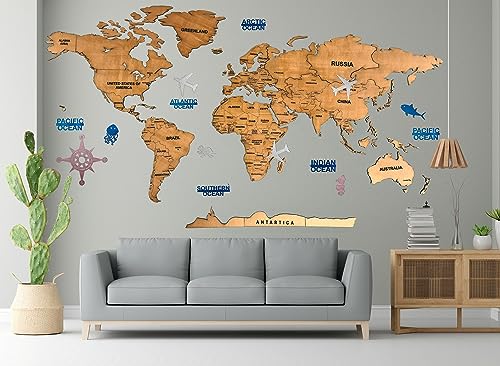 Elk 3D Wooden World Map Wall Decor - Metallic Teak Brown Color - Perfect Home Decor for Travel...