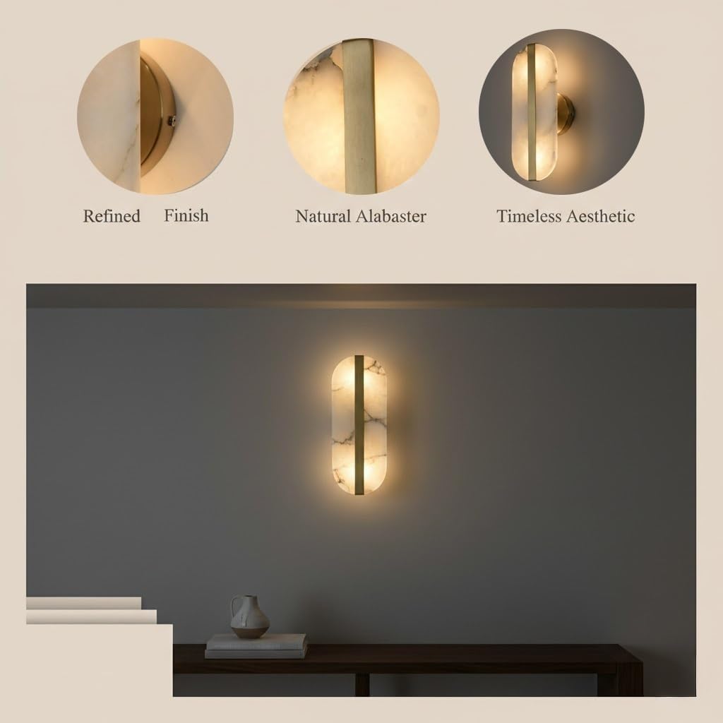 Wall Sconce, Oval Alabaster LED Wall Light, Natural Stone Gold Wall Lamp for Living Room, Bedroom, Hallway, Bedside, Entryway, Villa, Corridor, Foyer, Lobby, Home Parlor