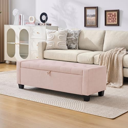 Image of Huatean Home 43 inch Ottoman with Storage, Pink Storage Ottoman Bench with Safety Hinge, Upholstered Entryway Bench with Seating for Bedroom, Living Room, Holds up to 330 lb