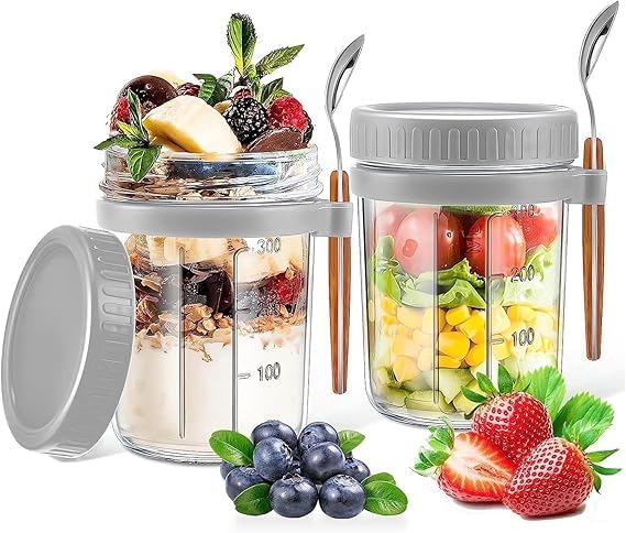 Overnight Oats Containers 350ml – Glass Mason Jars with Lids & Spoons, Leak-Proof Wide Mouth Jars for Oatmeal, Cereal, Yogurt, Salad – With Measurement Marks(Multicolour) (2)