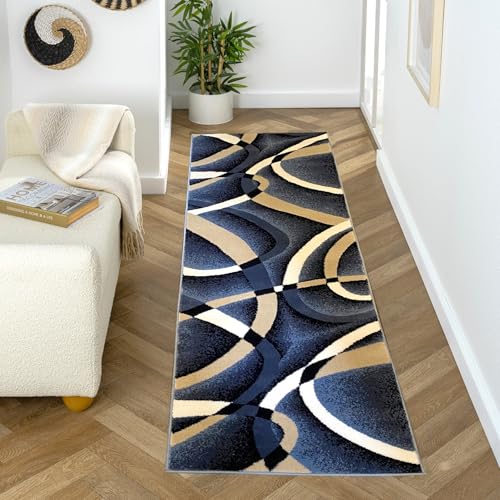 2305 Geometric Abstract Navy 2x7 Area Rugs for Entryway