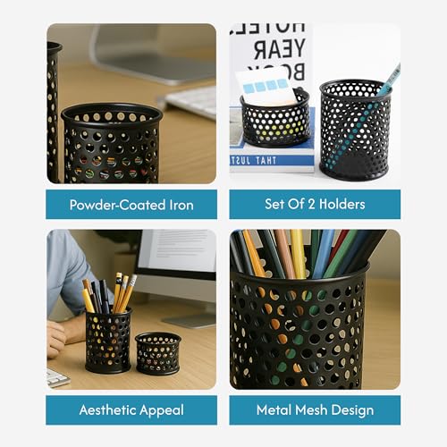 Image of The Better Home | Pencil Holders | Metal Made | Study Table Accessories For Kids Home Office | Set of 2 | Metal Mesh Design | Desk Organizer Pen Stand | Ideal for Office Study Table,Black