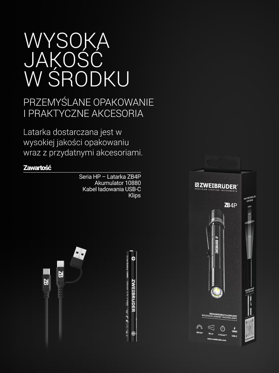 Zweibrüder ZB4P lampa długopisowa, latarka 400 lumenów – kompaktowa mini latarka LED z regulacją ostrości, Dual Functional Optic, ładowana przez USB-C, idealna na co dzień i outdoor