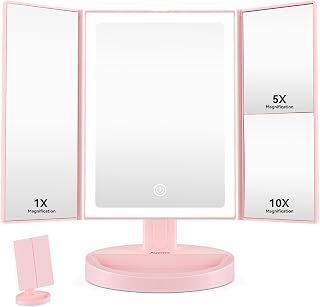Auxmir Magnified Vanity Mirror, 1X/5X/10X with 68 LED, Tri-fold Mirror with Touch Screen, Triptych Mirror, USB Rechargeable, 180° Adjustable Cosmetic Mirror, Pink