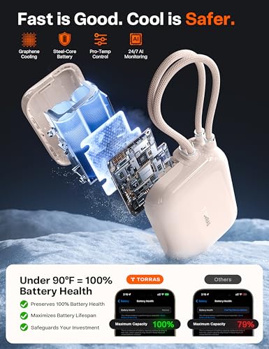 Image of TORRAS EasyGo for iPhone 17 Portable Charger 10000mAh, 45W Ultra-Ice Fast Charging USB-C Power Bank with Dual Built-in Cables, Battery Pack Compatible with iPhone 17 /16 /15 Pro, Samsung S26 S26+ Ultra