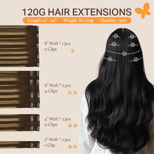 Image of DOORES 14 Inch Clip in Human Hair Extensions, Balayage Chocolate Brown to Caramel Blonde 100g 7pcs, Straight Real Hair Extensions Clip in Remy Natural Weft