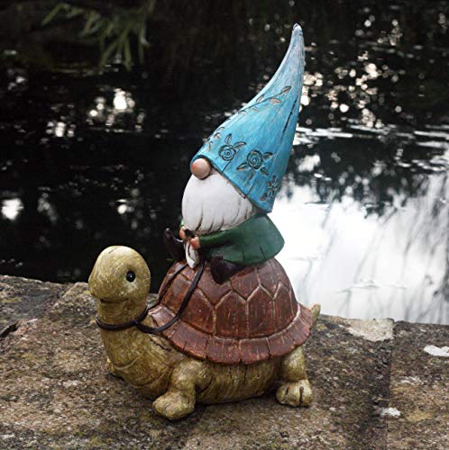 Gilbert el gnomo sentado en Tommy the Tortoise - Adorno de jardín (22 cm, gnomo, hada de jardín, Troll, Imp Cover