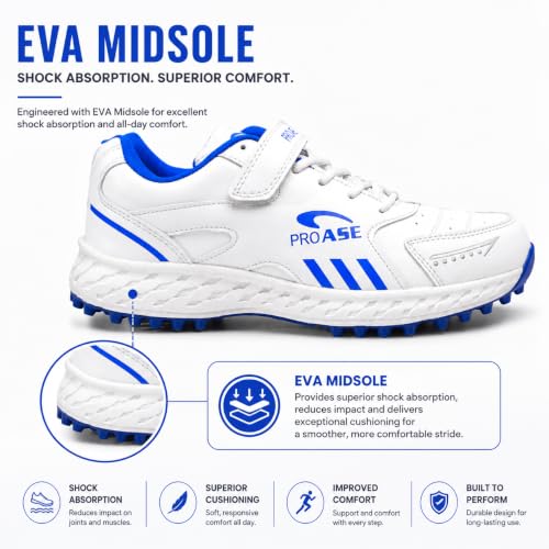 Image of Pro ASE Lightweight Cricket Shoes - Durable & Comfortable | Ideal for Turf, Ground & Hard Surfaces | Allrounder Design with Studs, Velcro & Superior Grip | White, Blue, Grey
