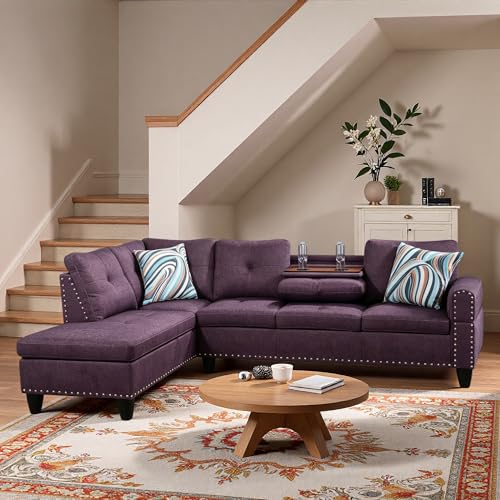 Image of L-Shaped Sectional Sofa, Modern 4-Seat Couch with Built-in Cup Holders, Upholstered Fabric Sectional Couch with Left Facing Chaise for Living Room, Apartment, Office, Purple