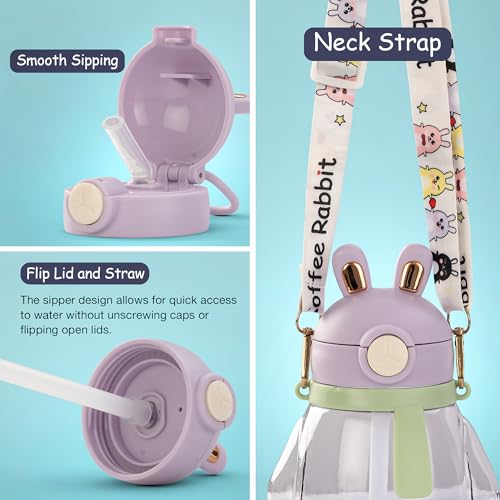 Image of Baybee Lovely Bunnies Kids Water Bottle 600ml | BPA Free & Leakproof Safe Sipper Bottle with Straw | Cute Rabbit Design Smooth Sipping with Handle & Neck Strap,Flip Lid for School Kids & Babys(Purple)