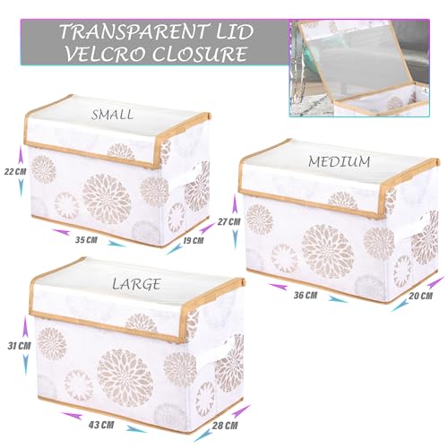 Image of Amazon Brand - Solimo Drawer Storage Box|Clothes Drawer Organizer With Handle|Transparent Lid With Velcro|Wardrobe Organizer|Gola-Print Storage Box|Small, Medium & Large (Pack Of 3, White), Non-Woven