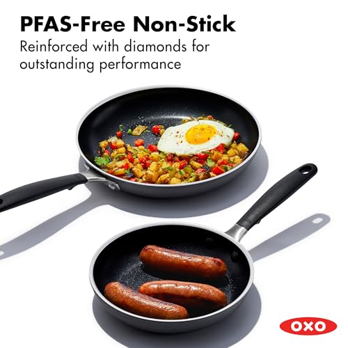 Image of OXO Nonstick 8 inch and 10 inch Frying Pan Set, PFAS-Free Ceramic Skillets, Dishwasher & Oven Safe, Stay-Cool Silicone Handle