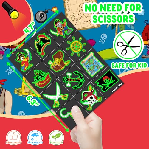 Image of 96 PCS Pirate Pre-Cut Luminous Glow in the dark Temporary Tattoos for Kids | Super Cute Ship Nautical Theme Birthday Party Favors Supplies Decorations, Treasure Fake Tattoos Gifts for Boys Girls