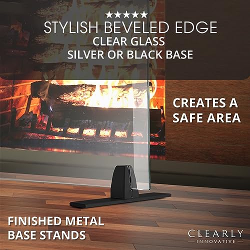 Image of Tempered Glass Fireplace Screen, 29 inch x 39 inch, Black Base, Modern Frameless