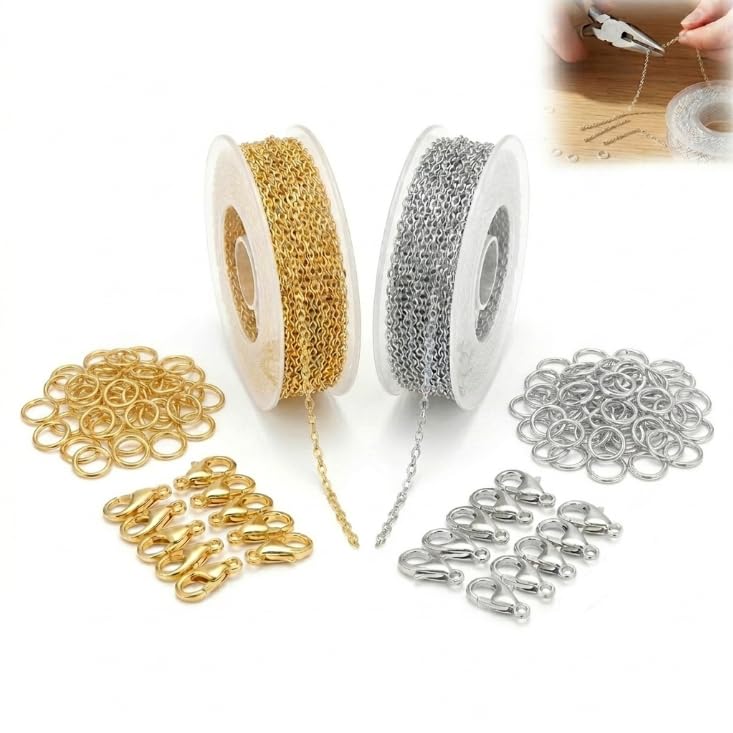 dravix 2 Rouleaux de Chaînes pour Création de Bijoux, 6 Mètres de Chaîne en Fer Plaqué avec 40 Fermoirs Mousquetons et 100 Anneaux Ouvrants, Kit Complet...