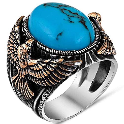 Solid 925 Sterling Silver Eagle Figure Oval Turquoise Stone Men's Ring