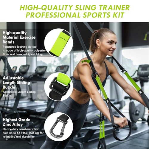 flintronic Juego de Entrenamiento en Suspensión, Correas de Entrenamiento en Suspensión con Asas y Guía de Entrenamiento, para Entrenamiento de Fuerza y Entrenamiento en Casa (Verde) - imagen 3