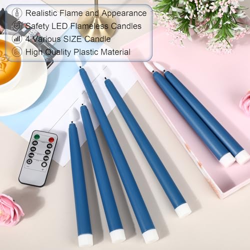 Image of Rossesay 16 Pcs Blue Flameless Taper Candles Battery Operated Candles with Remote Timer 8.5 inch 9.6 inch 10.8 inch 12.8 inch LED Flameless Flickering Candlestick for Halloween Christmas Wedding Party Decor