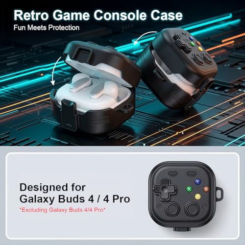 Image of ZORBES Retro Game Console Earbuds Case for Galaxy Buds 4 /4 Pro 2026, Protective Headphone Case with Secure Lock & Carabiner, Rugged Hard Shell with Cleaner Kit and Keychain for Men Boy Women, Black