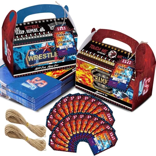 HAPPARTY 24 PCS Wrestling Party Favor Goodie Candy Treat Boxes with 24PCS Thank You Tags Boxing Theme Gift Bags for Wrestle Sports Birthday Decorations Supplies